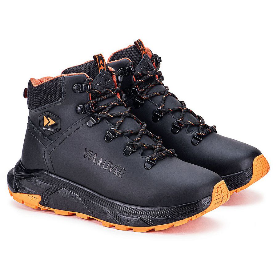 Bota Masculina Storm Coturno Couro Genuíno Solado EVA - Preto Laranja - Extra Leve
