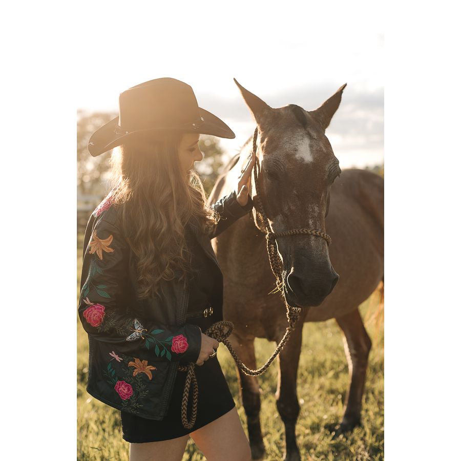 Jaqueta Couro Legitimo Bordada Preta 