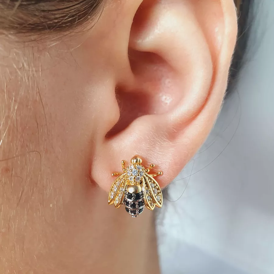 Brinco Folheado a Ouro 18K Abelha Com Zircônia