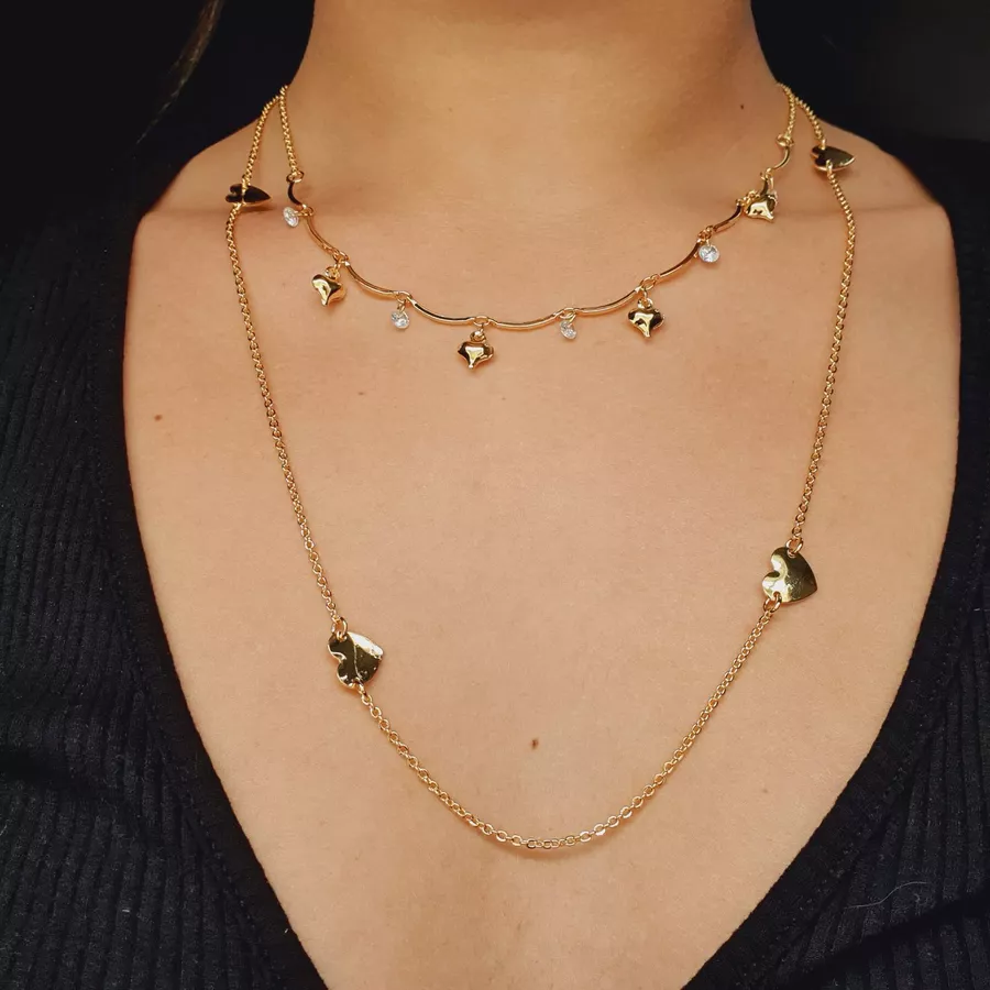 Colar Duplo Folheado a Ouro 18K Coração 