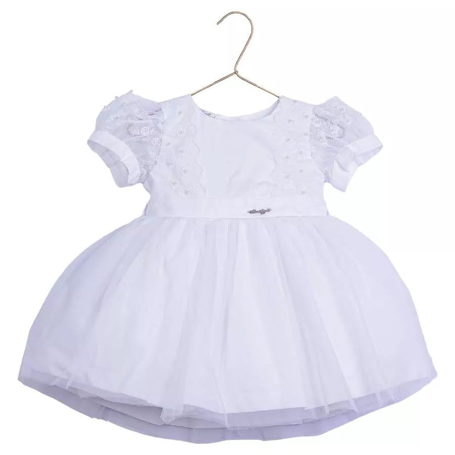 Vestido Batizado Renda Com Pérolas e Tule - Petit Papillon Bebê & Criança