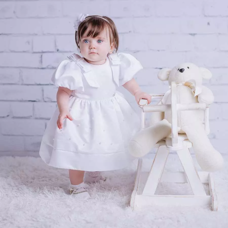 Vestido Batizado Cetim e Pérolas - Petit Papillon Bebê & Criança