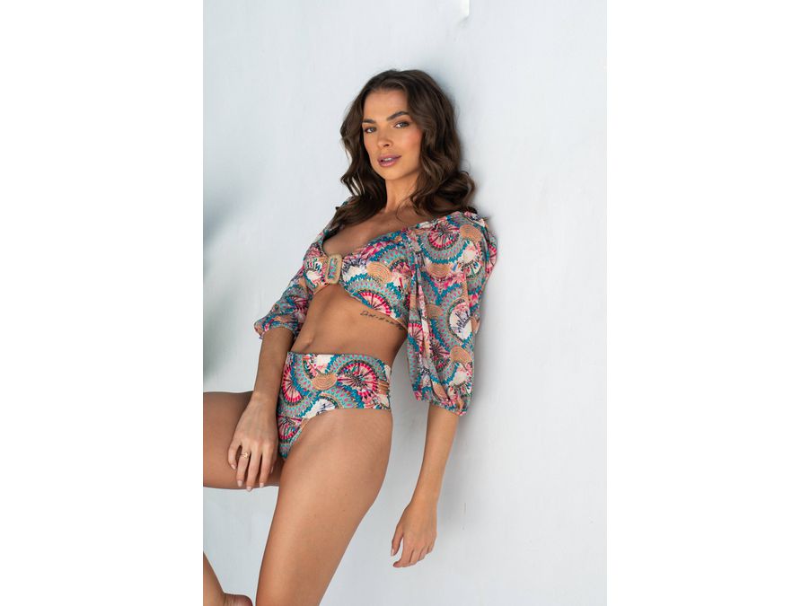 TOP MANGA BUFANTE FIVELA SISAL MANDALAS E CALCINHA...