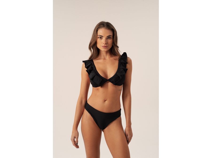 TOP CORTINÃO BABADOS PRETO E CALCINHA RETA DUPLA F...