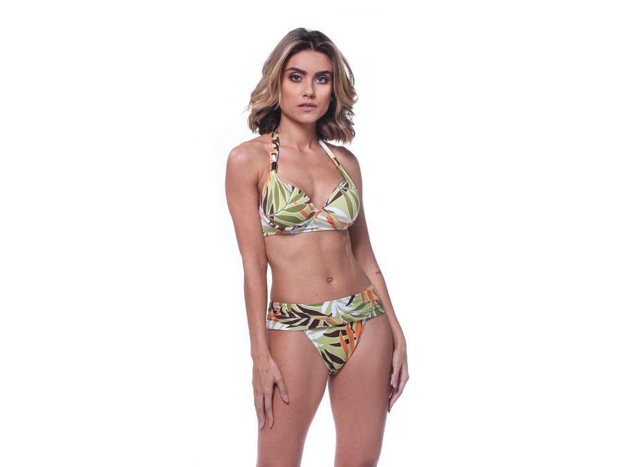 TOP MEIA TAÇA BOJO SUSTENTAÇÃO FOLHAS E CALCINHA C...