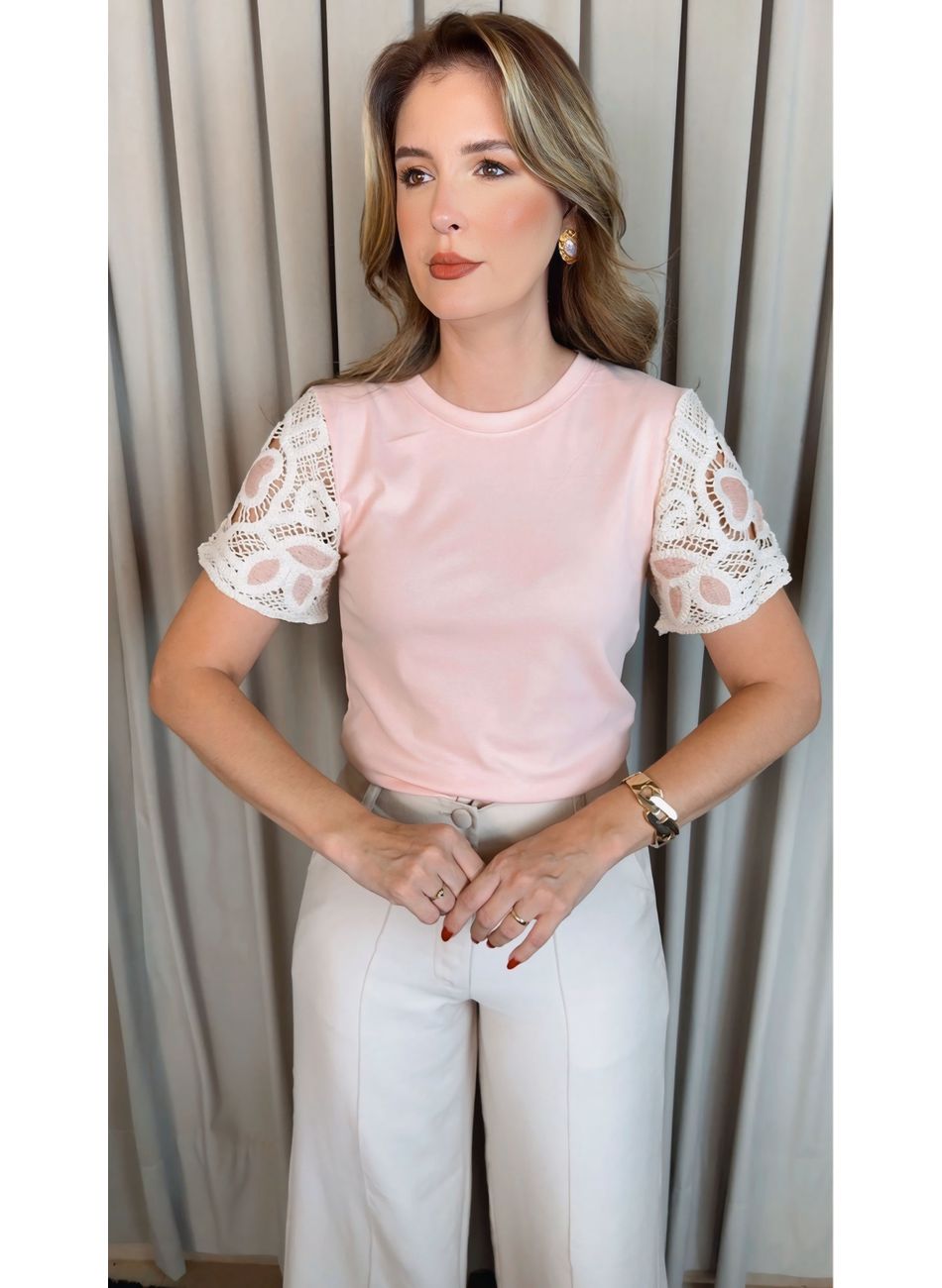 T-shirt Feminina Manga Bordada - Ro... - D'Menina