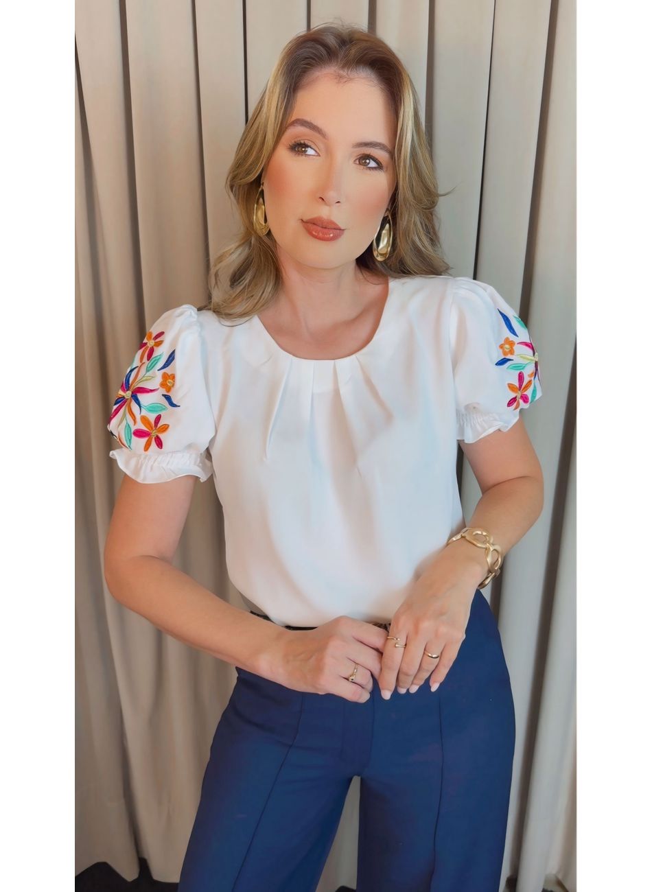 Blusa Feminina Manga Bordada Colori... - D'Menina
