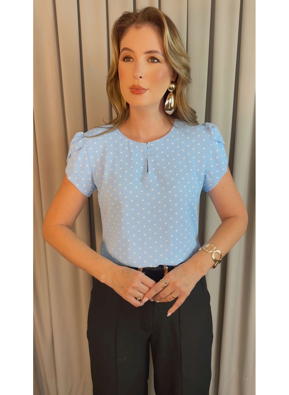 Blusa Feminina Poa Manguinha - Azul... - D'Menina