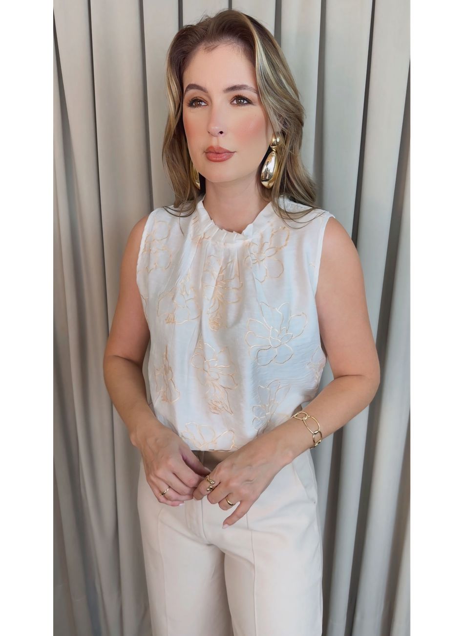 Regata Feminina Plisada Bordada - B... - D'Menina