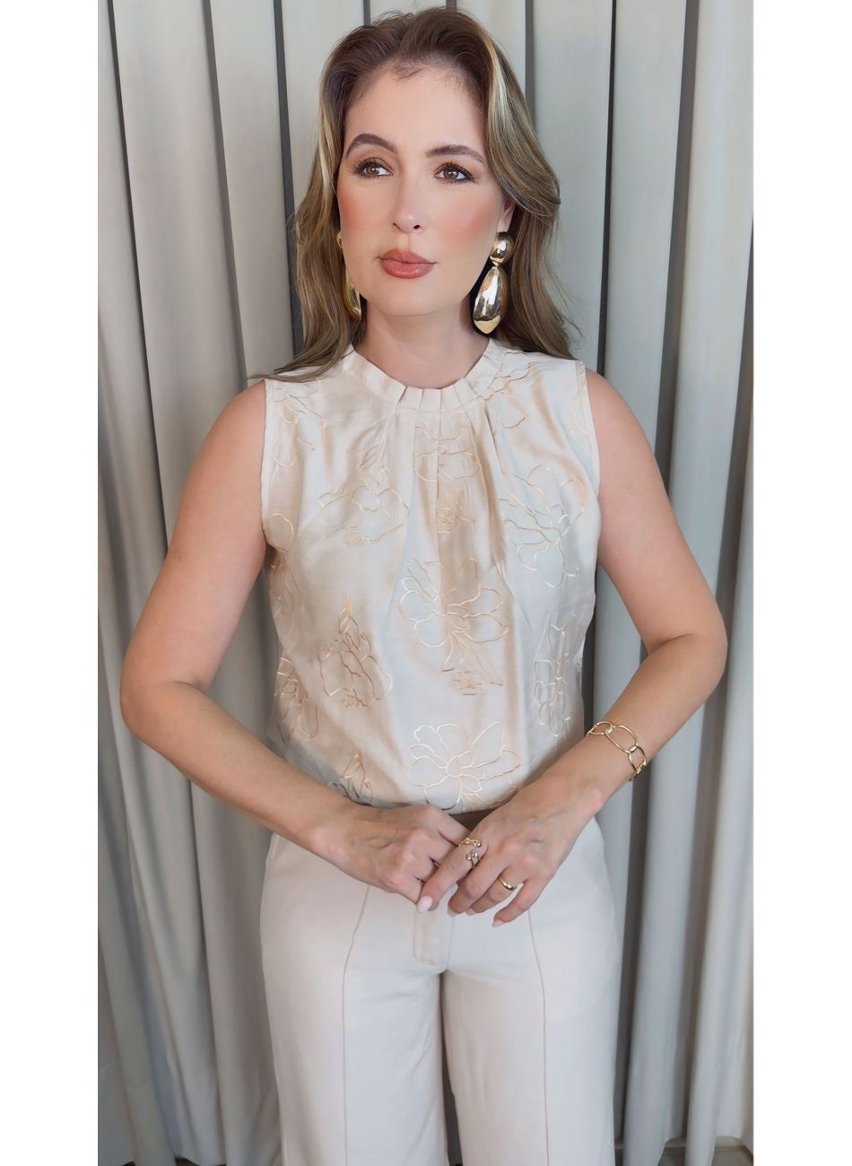 Regata Feminina Plisada Bordada - O... - D'Menina