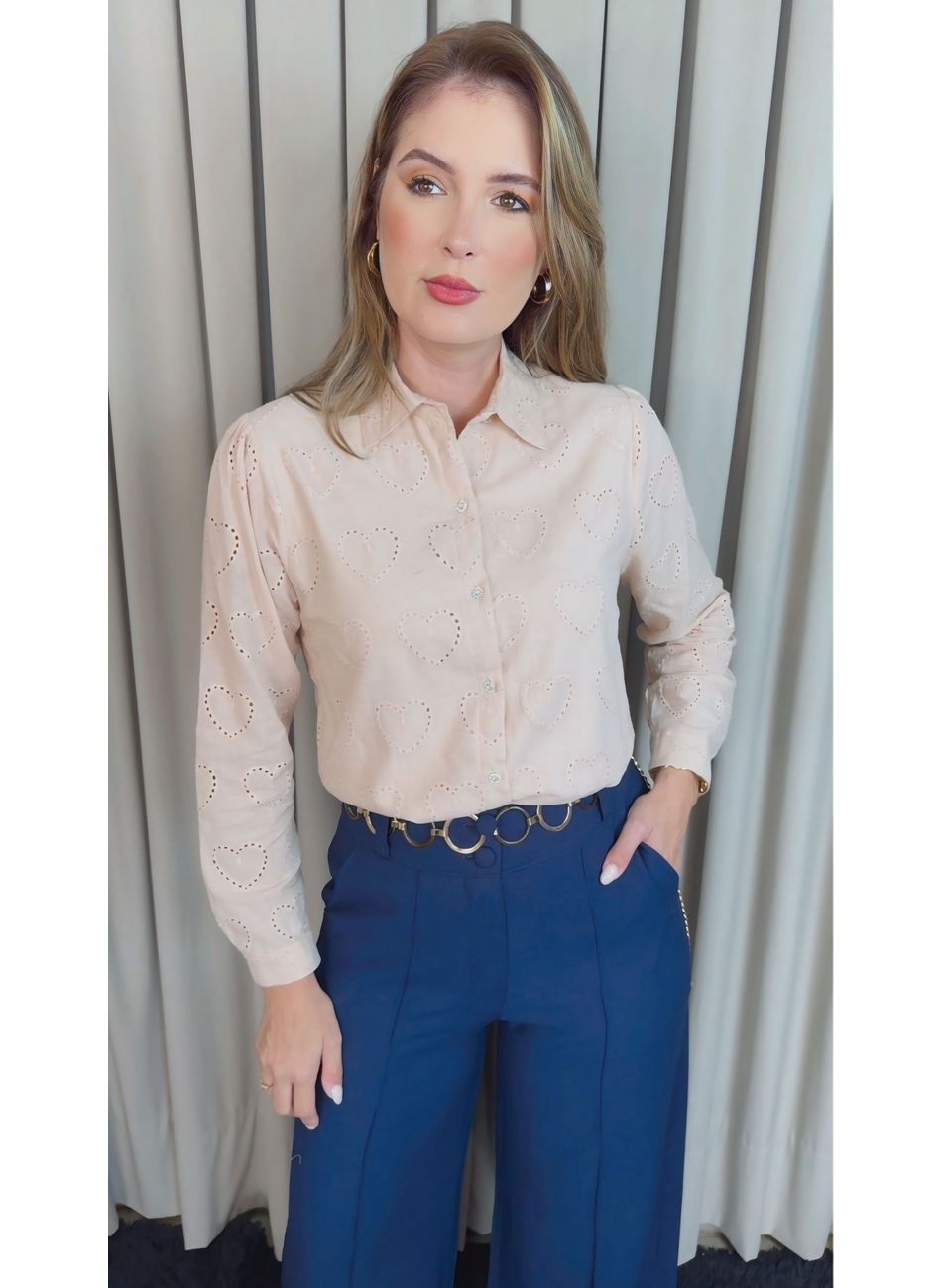 Camisa Feminina Manga Longa Bordada... - D'Menina