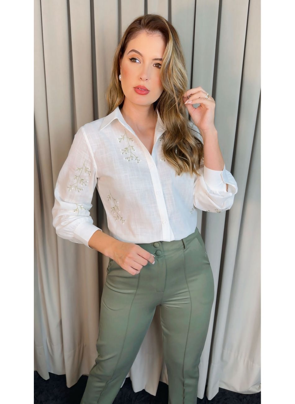 Camisa Feminina Manga Longa Bordada... - D'Menina