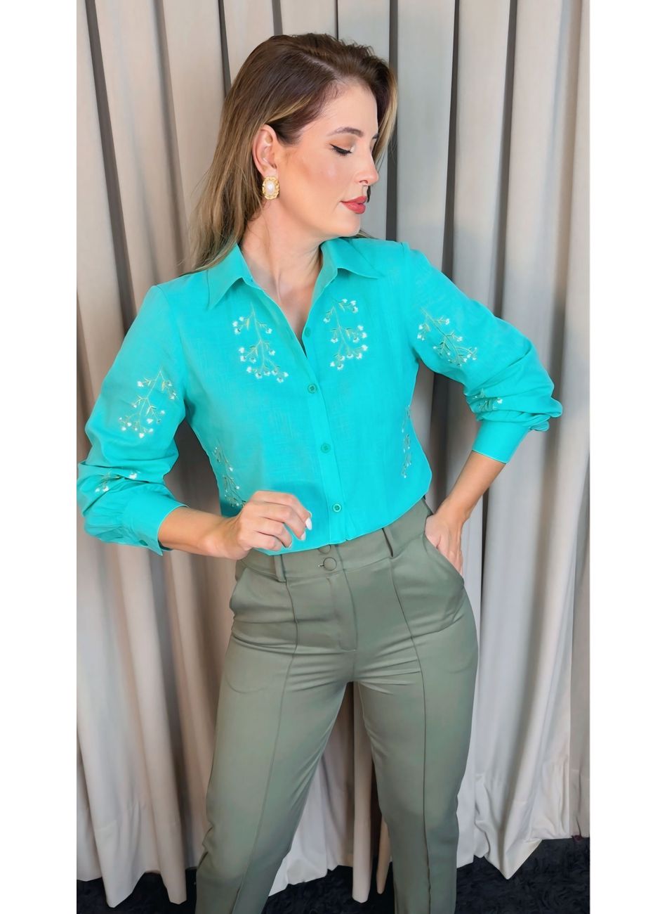 Camisa Feminina Manga Longa Bordada... - D'Menina