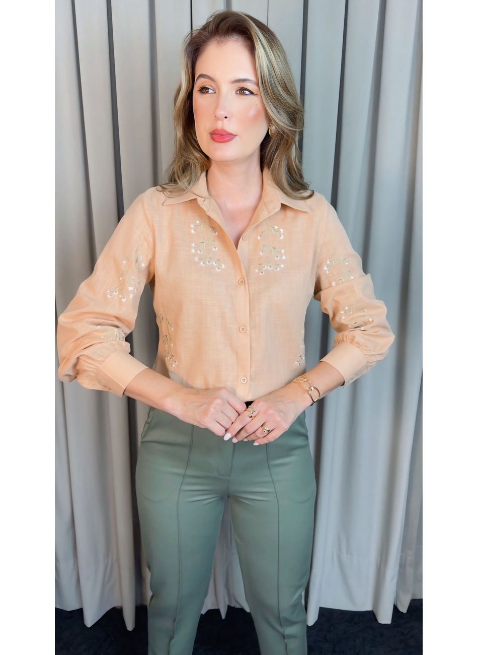 Camisa Feminina Manga Longa Bordada... - D'Menina