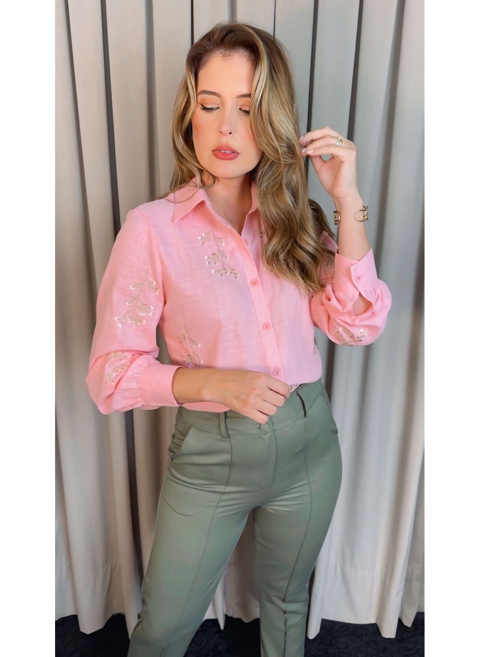 Camisa Feminina Manga Longa Bordada... - D'Menina