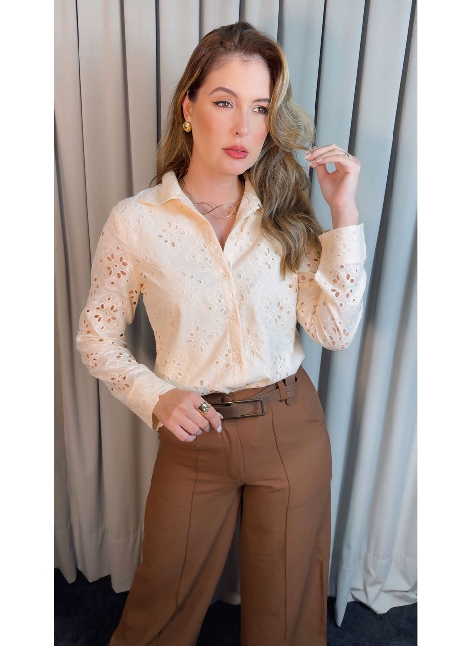 Camisa Feminina Manga Longa Bordada... - D'Menina