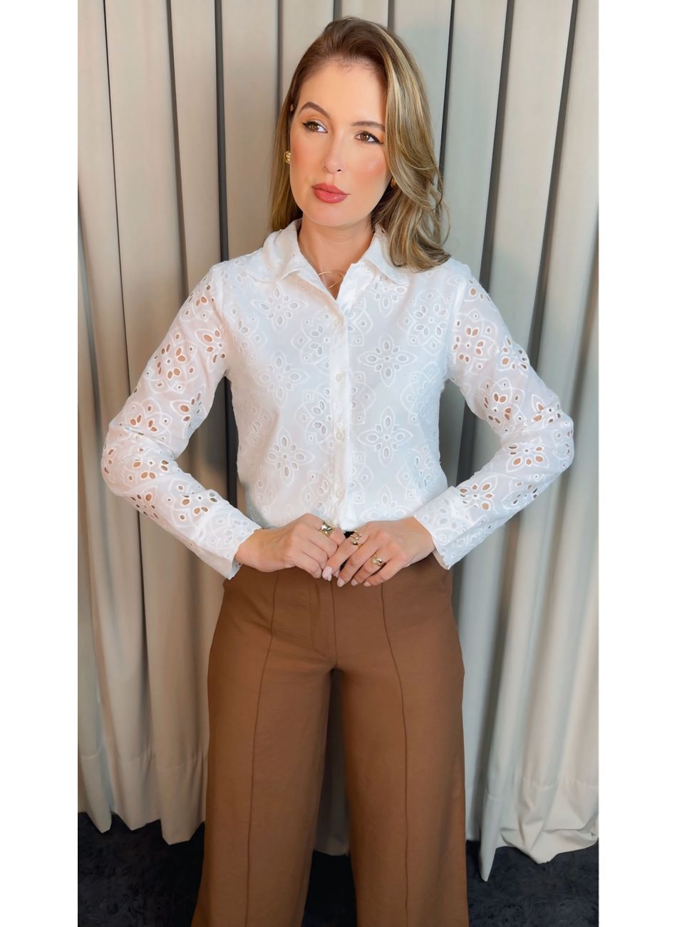 Camisa Feminina Manga Longa Bordada... - D'Menina
