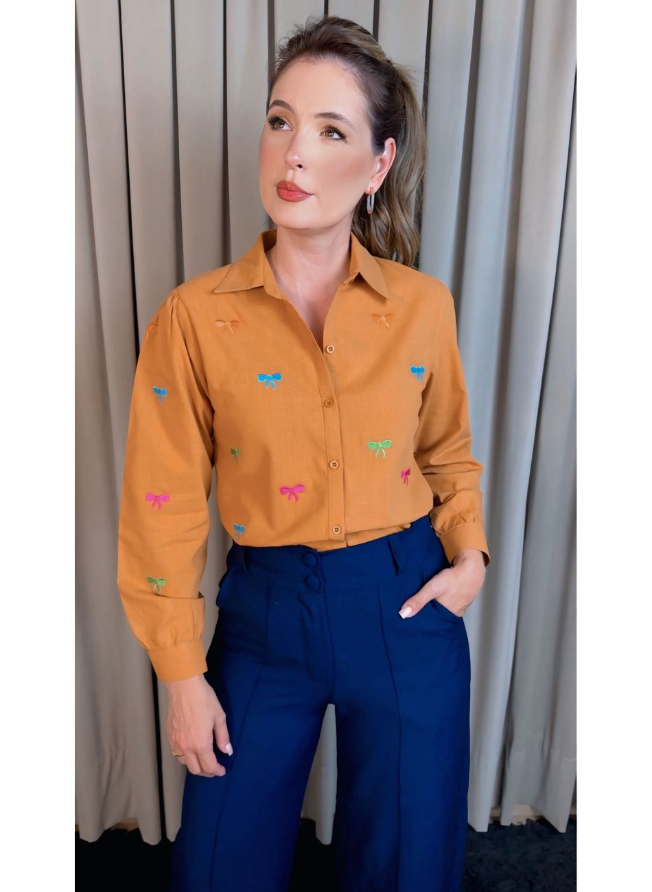Camisa Feminina Manga Longa Bordada... - D'Menina