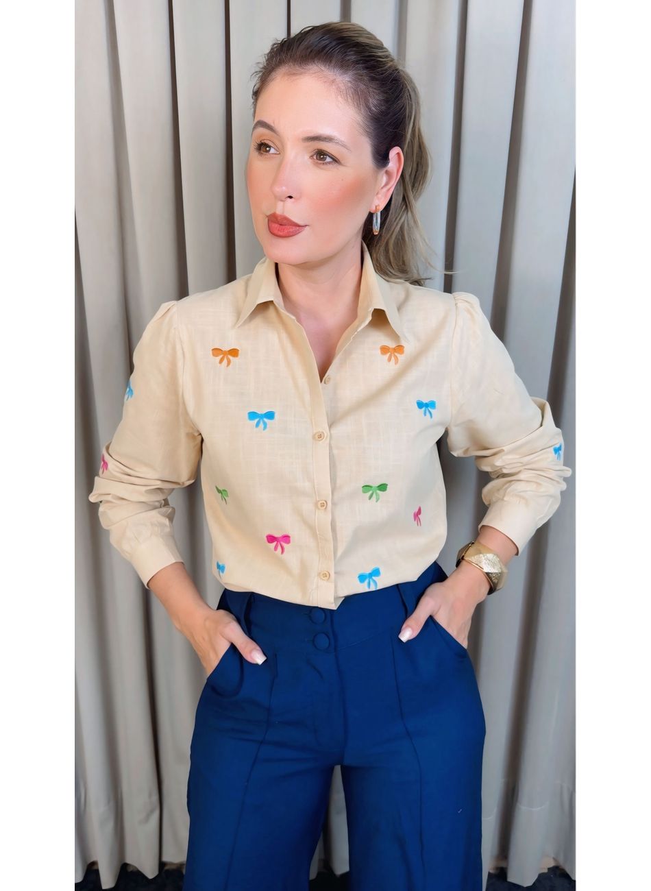 Camisa Feminina Manga Longa Bordada... - D'Menina