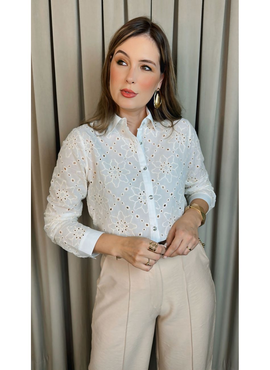 Camisa Feminina Manga Longa Bordada... - D'Menina