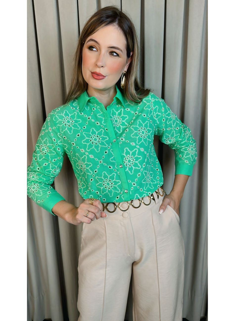 Camisa Feminina Manga Longa Bordada... - D'Menina