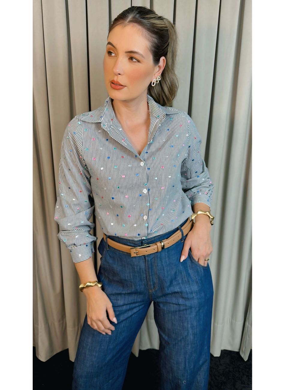 Camisa Feminina Manga Longa Bordada... - D'Menina