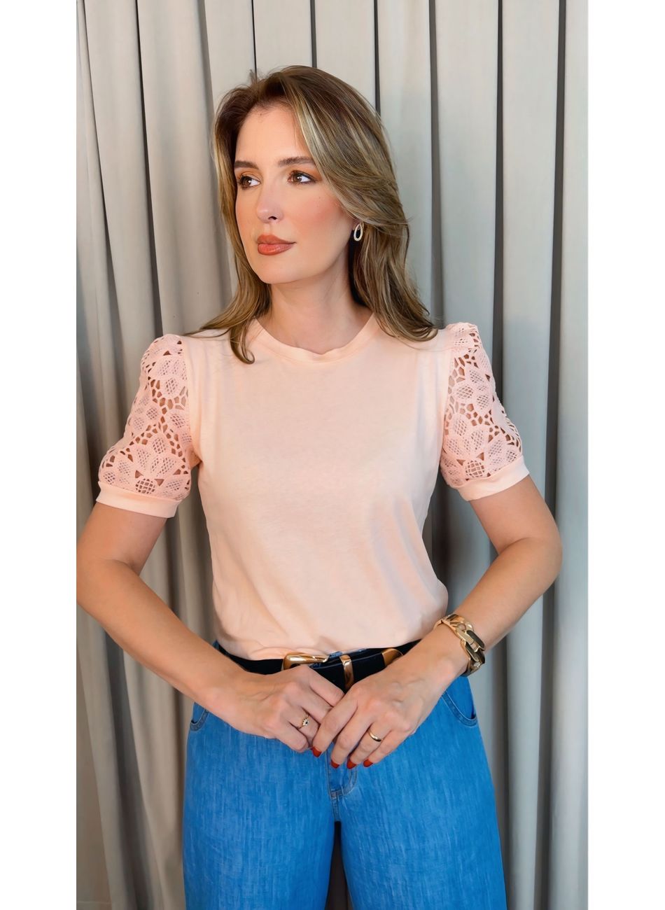 T-shirt Feminina Manga Bordada - Co... - D'Menina