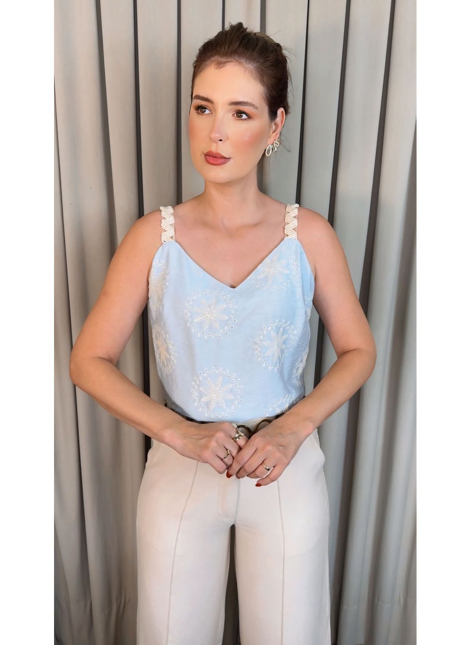 Blusa Feminina Regata Bordada - Azu... - D'Menina