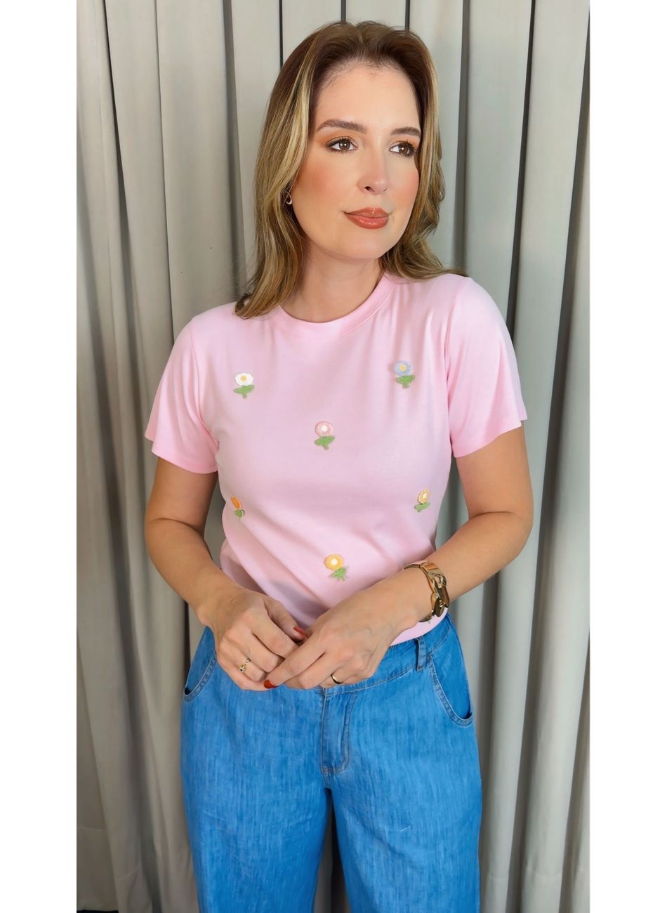 T-shirt Feminina Com Detalhe Florzi... - D'Menina
