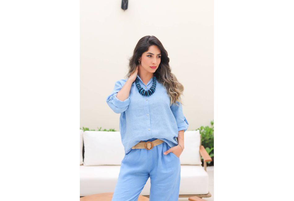 Conjunto Samira Linho Italiano Azul Hortênsia