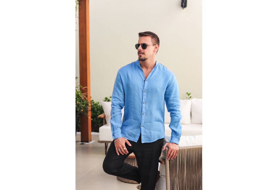 Camisa Masculina Enrico Linho Italiano Azul Hortênsia