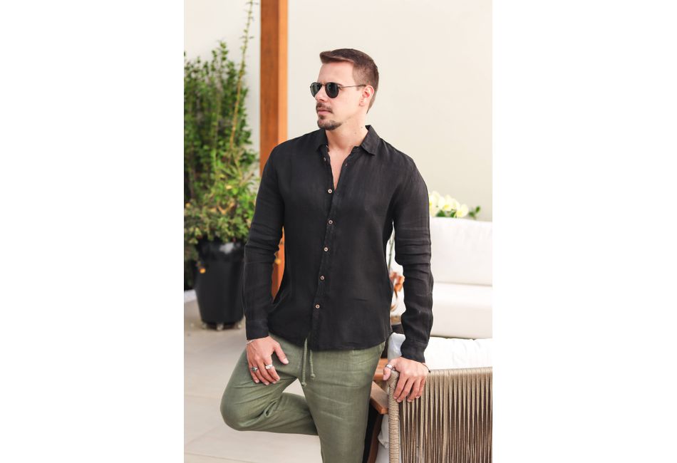 Camisa Masculina Masculina Samuel Linho Italiano Preta