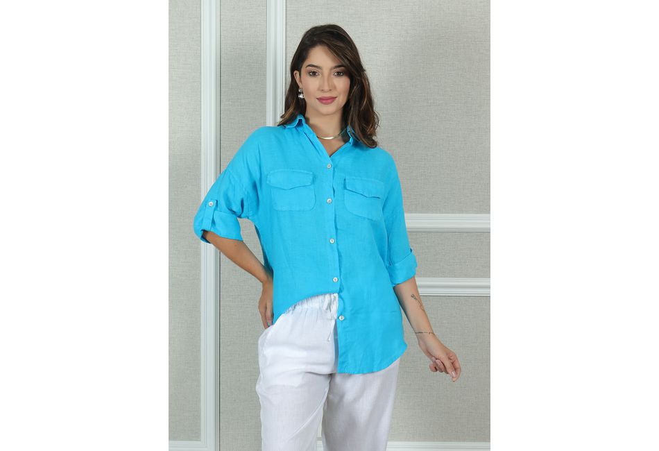 Camisa Classica Azul Turquesa Loja Linho Italiano