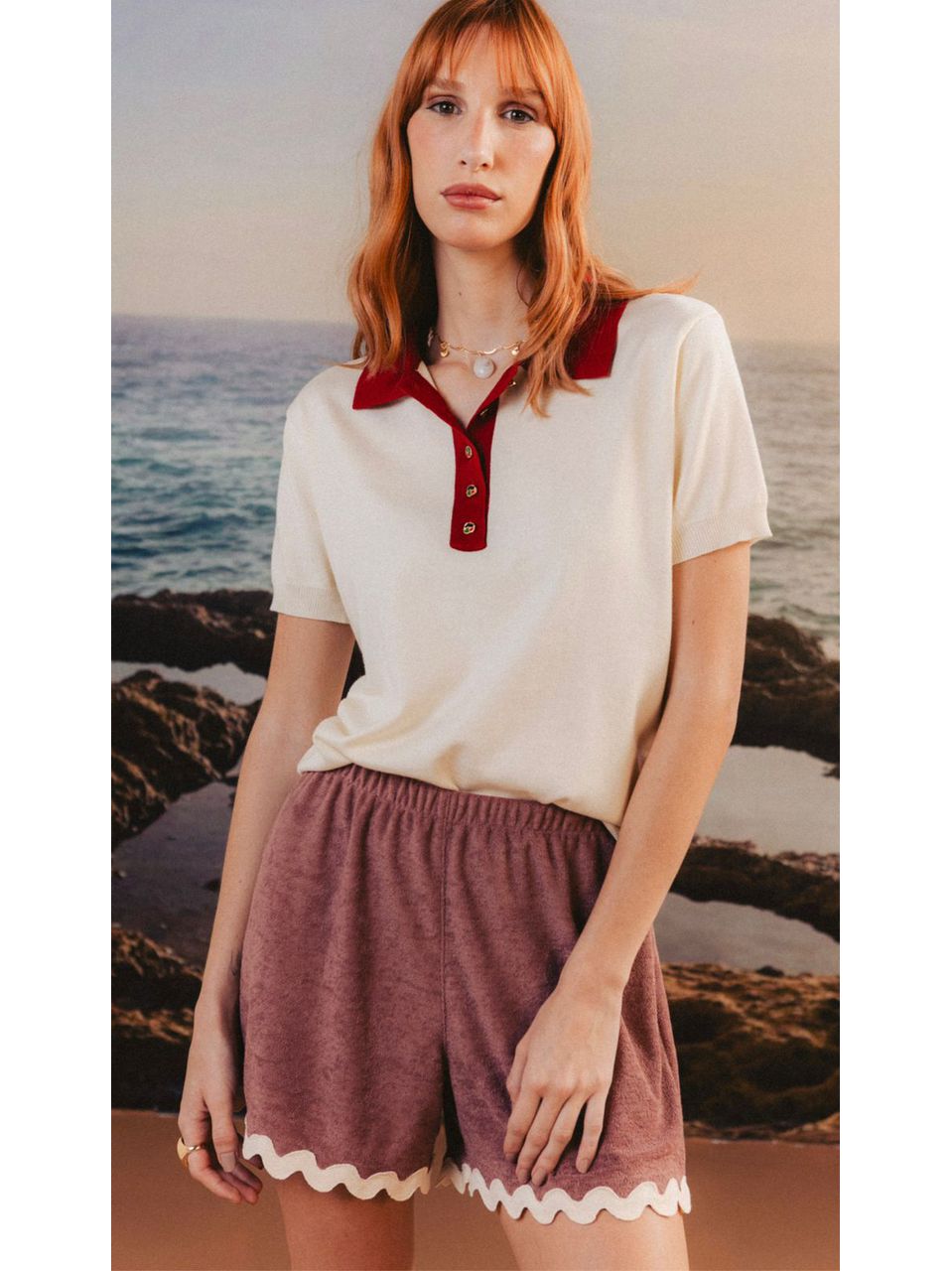 Camiseta Gola Polo Tricot Flora Vinho Aquarella