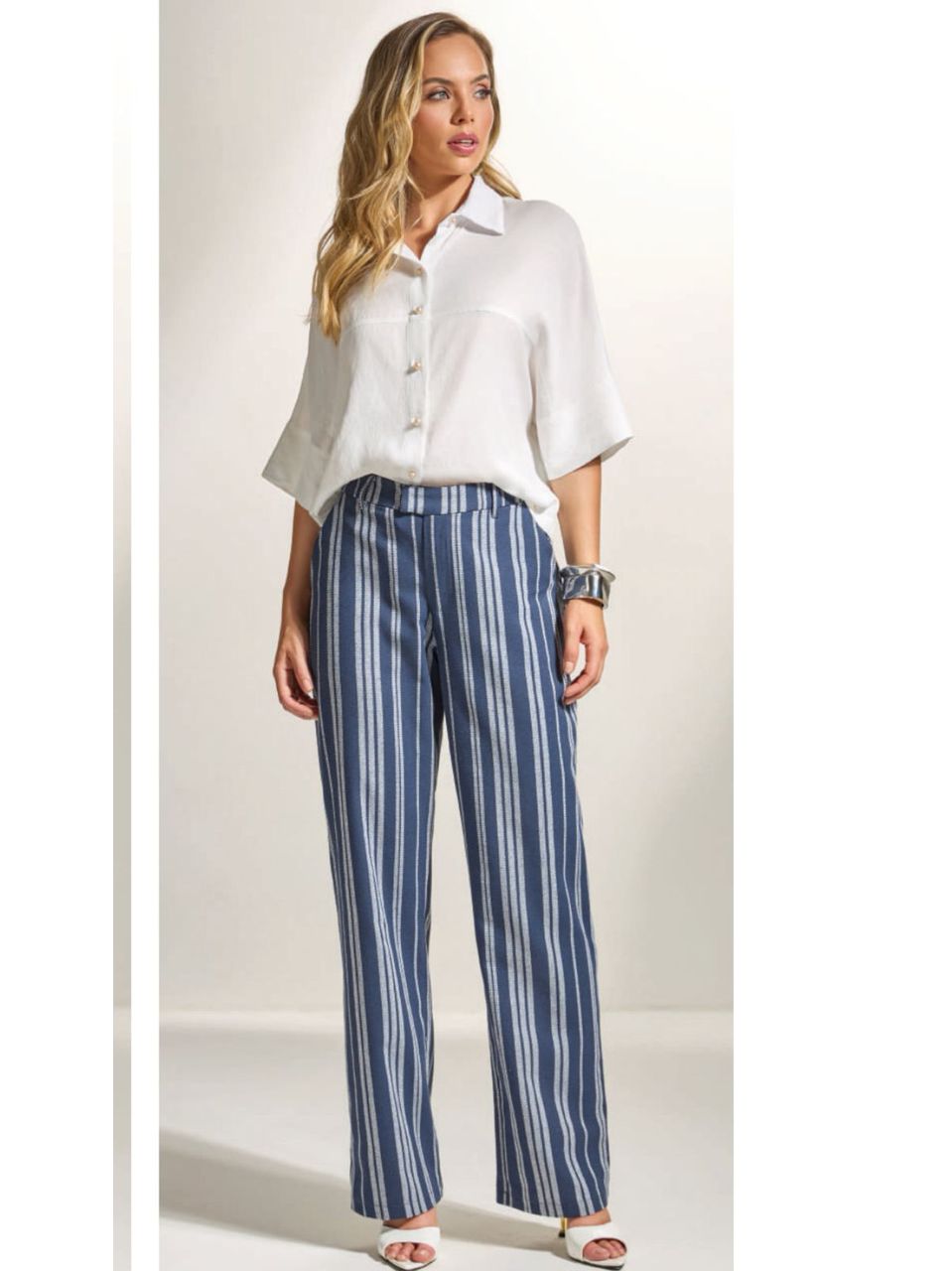 Calça Reta Linho Listrado - Displicent