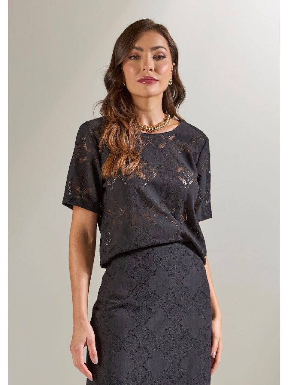 Blusa Manga Curta Em Renda Preto - Displicent