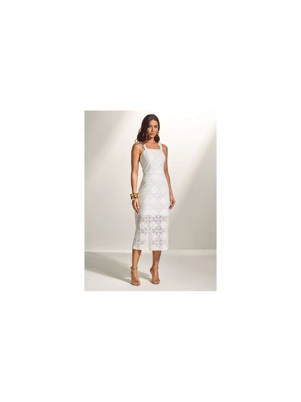 Vestido Midi em Renda com Alça Off-White