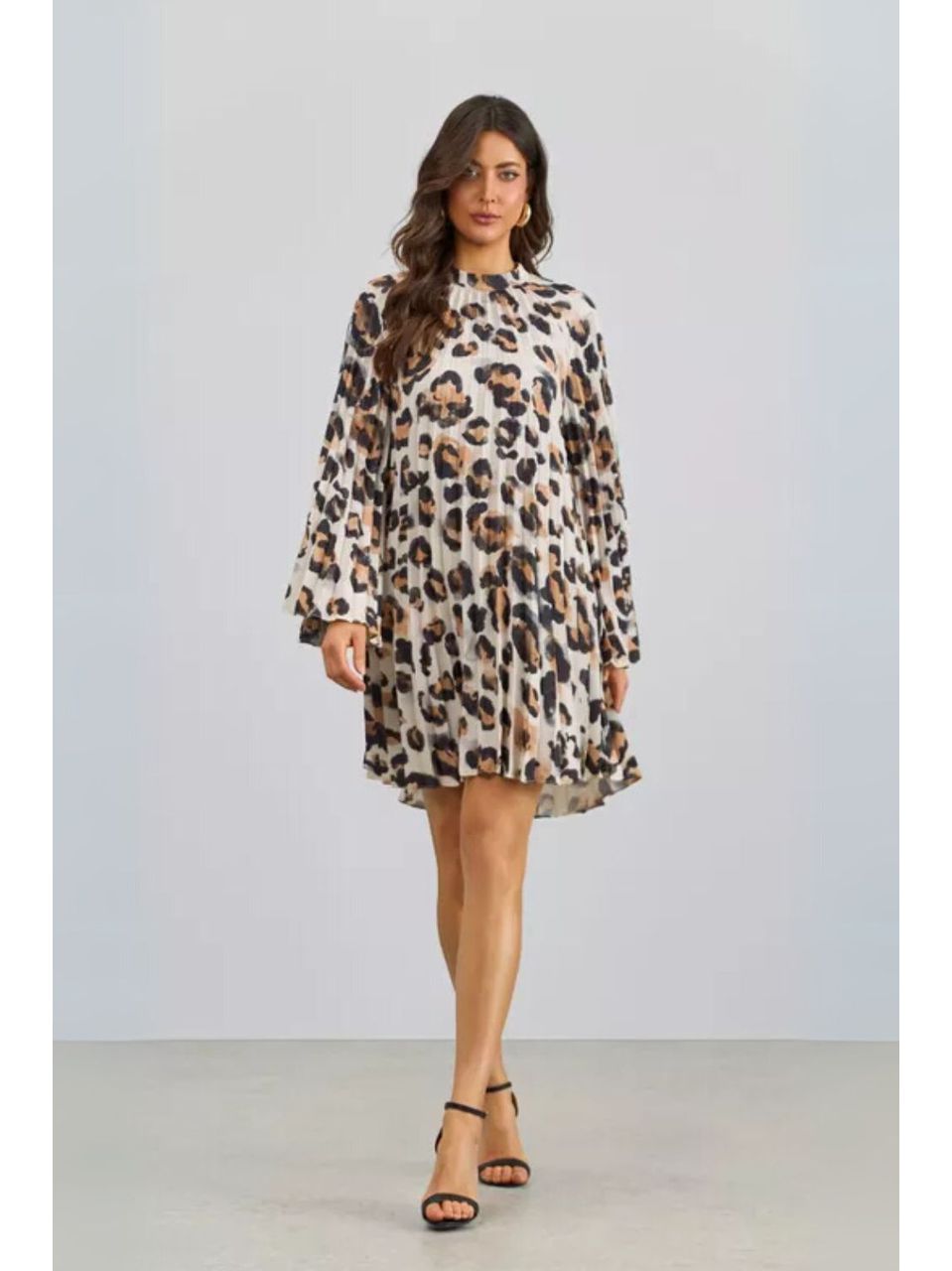 Vestido Curto Manga Longa Plissado Onça