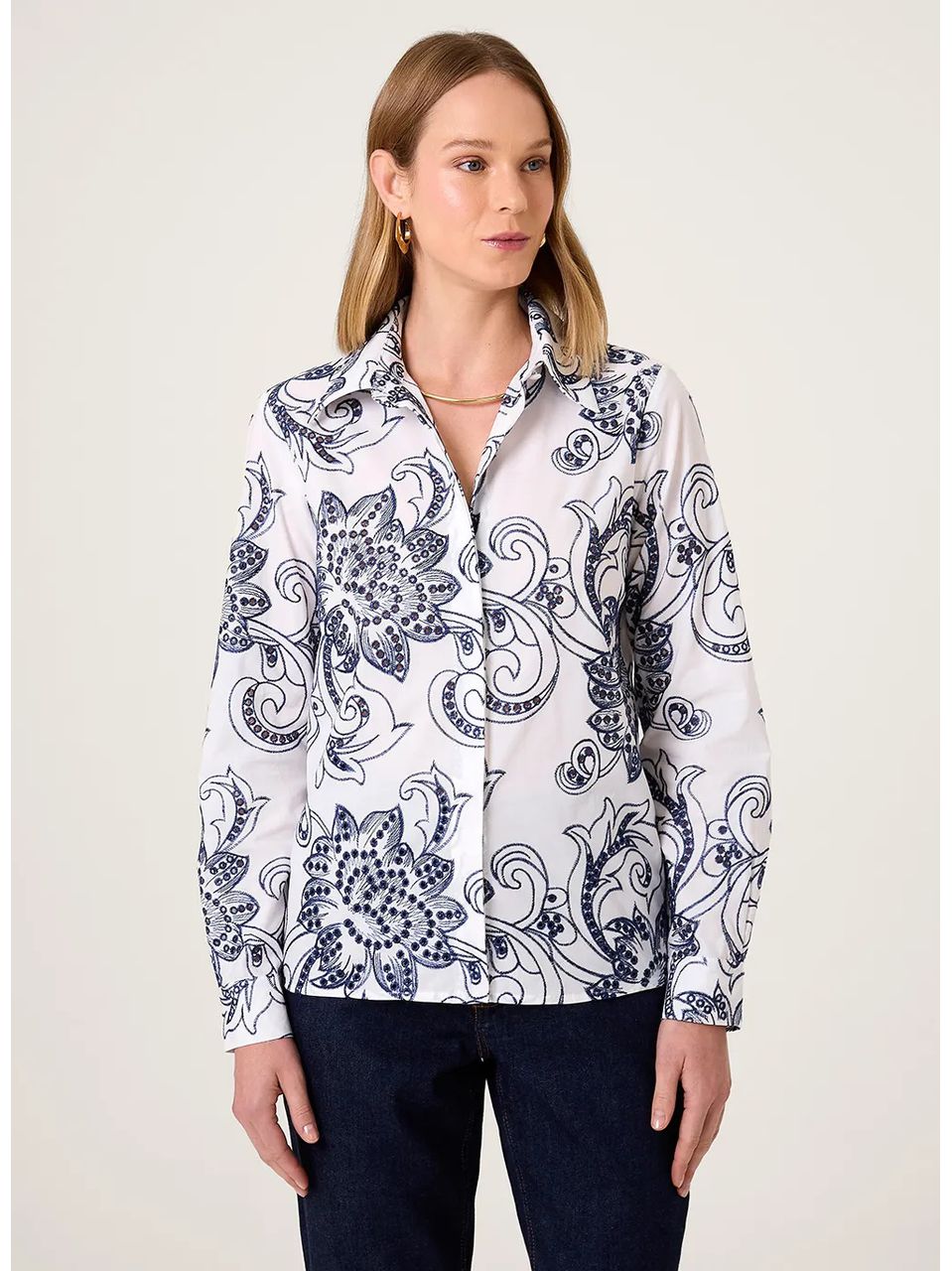 Blusa Bordada Gola Dudalina Feminina