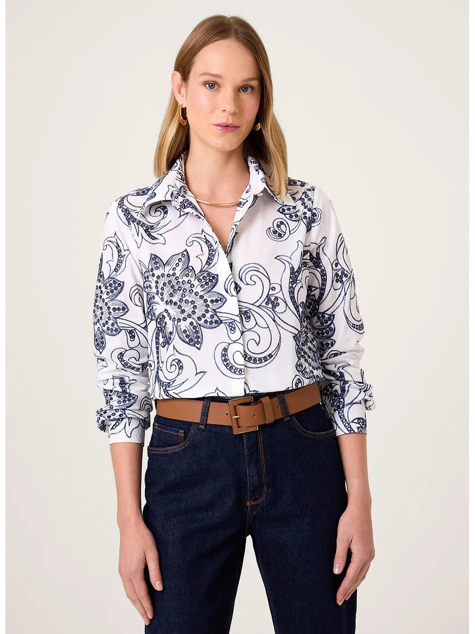 Blusa Bordada Gola Dudalina Feminina