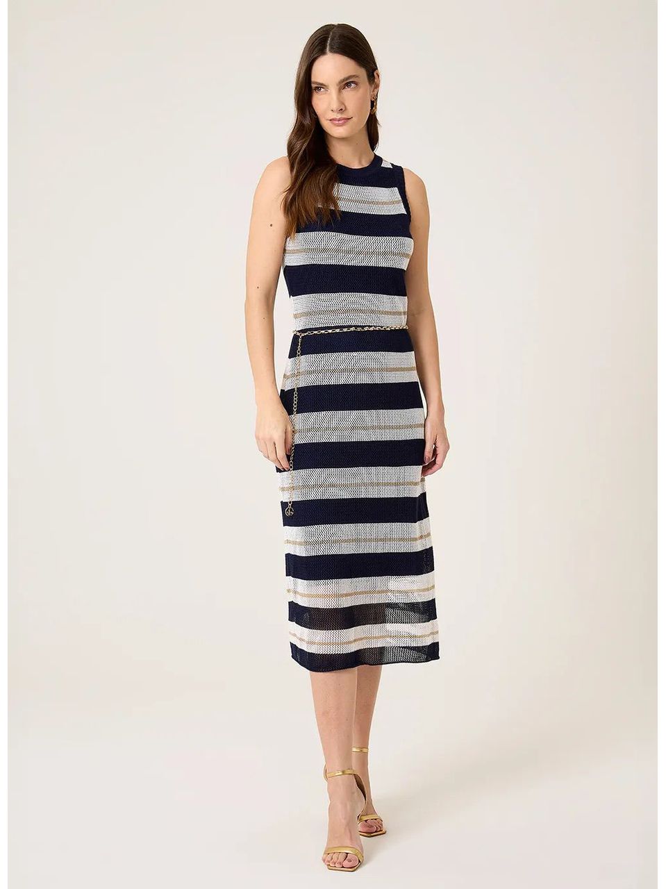 Vestido Feminina Dudalina Tricot Listrado Azul Marinho