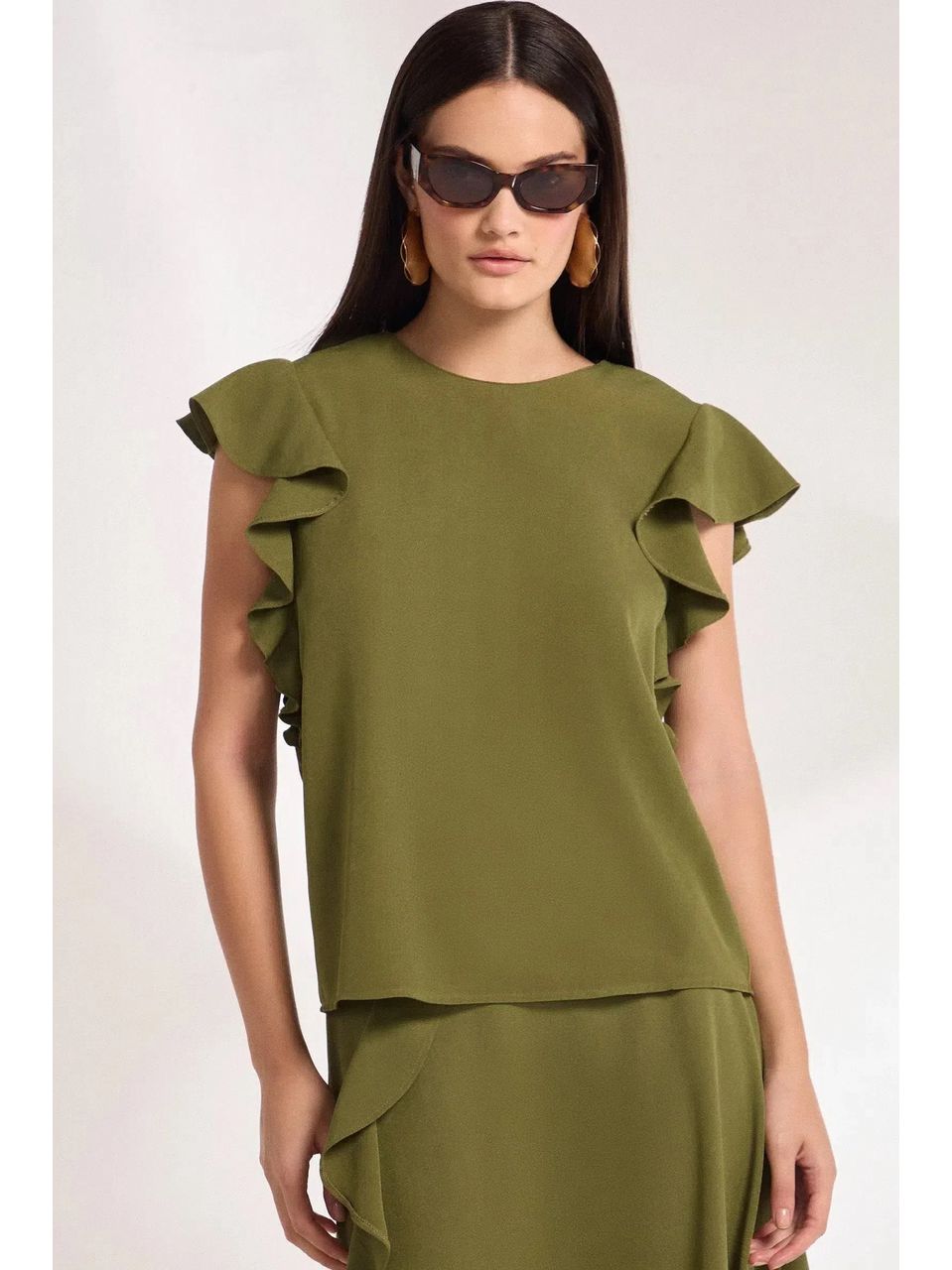 Blusa com Babados em Crepe Verde Escuro