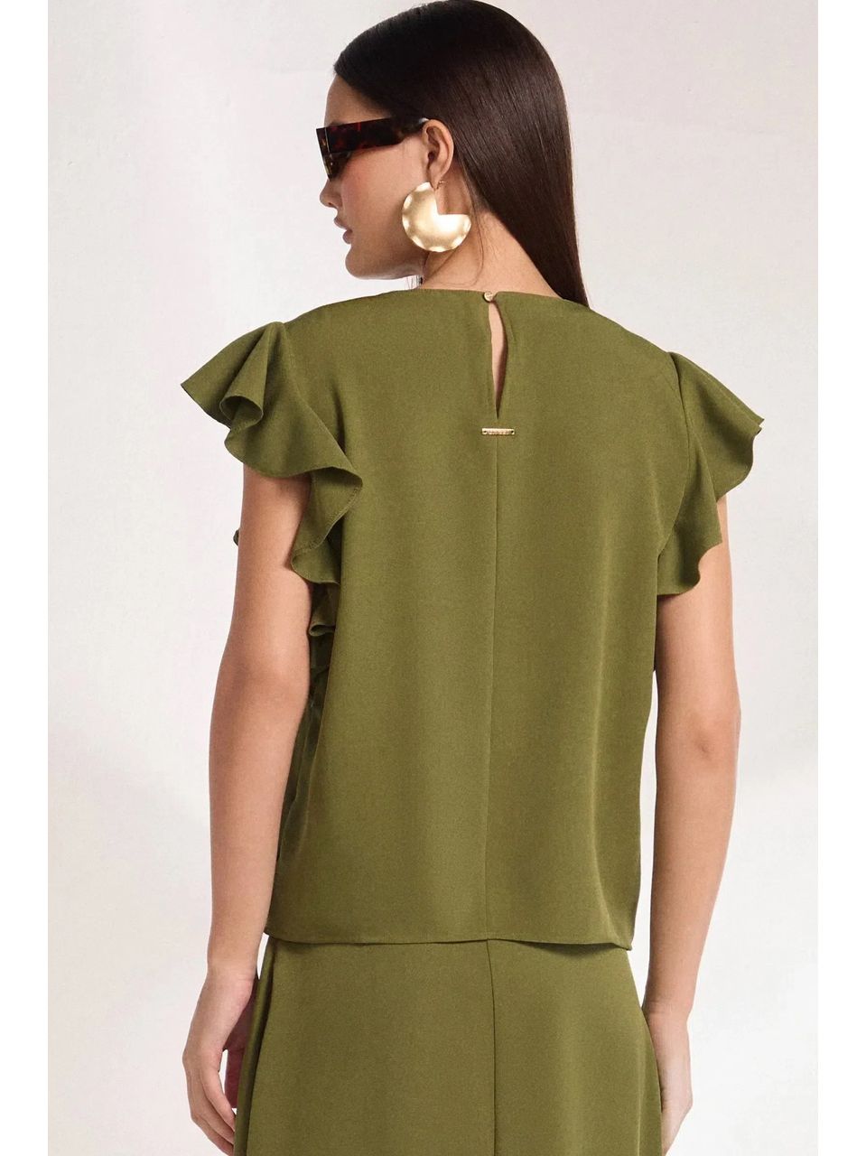 Blusa com Babados em Crepe Verde Escuro