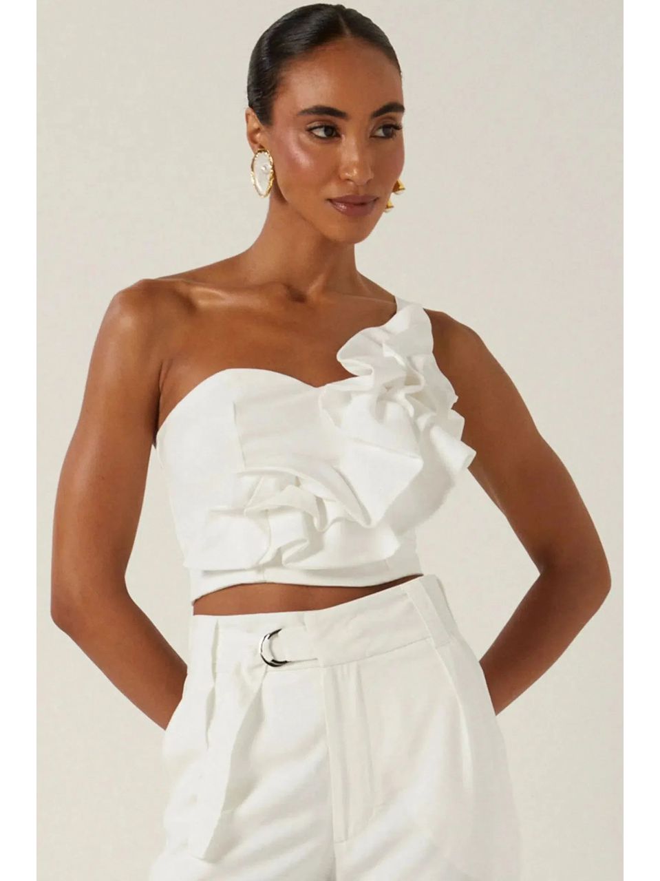 Blusa Um Ombro Só em Blend de Viscose Off-White