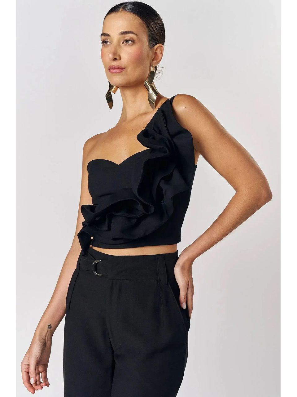 Blusa Um Ombro Só em Blend de Viscose Preto