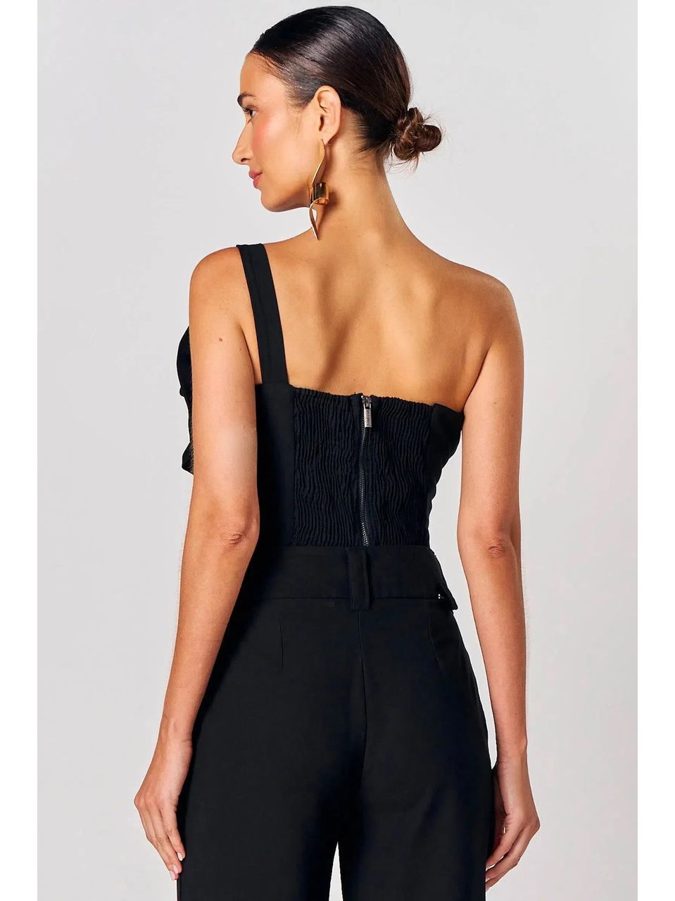 Blusa Um Ombro Só em Blend de Viscose Preto