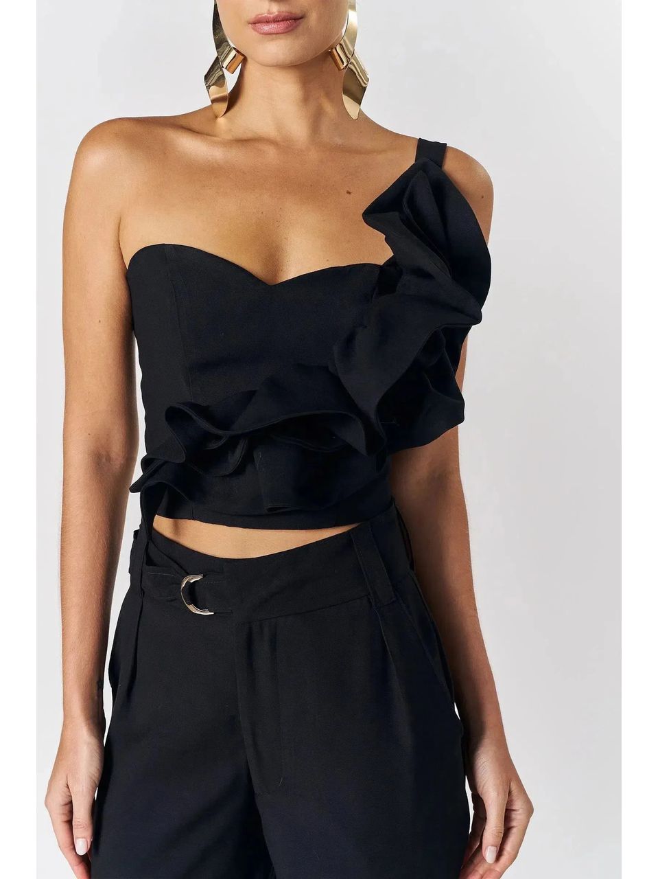 Blusa Um Ombro Só em Blend de Viscose Preto