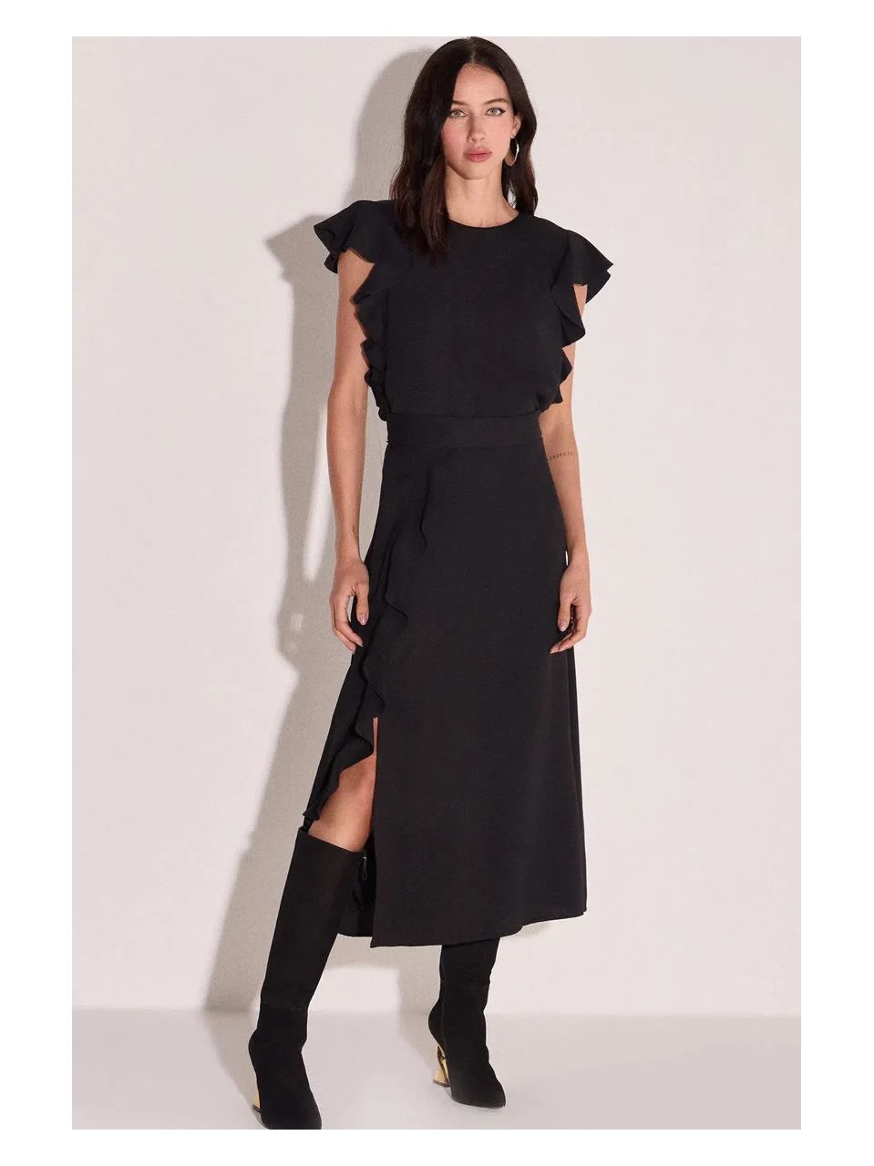 Saia Maxi Midi Babados Em Crepe Preto