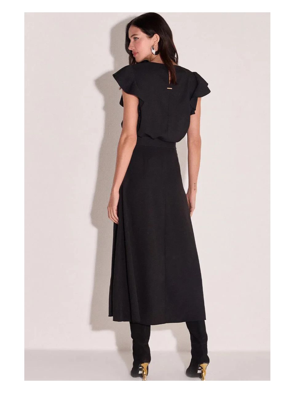 Saia Maxi Midi Babados Em Crepe Preto