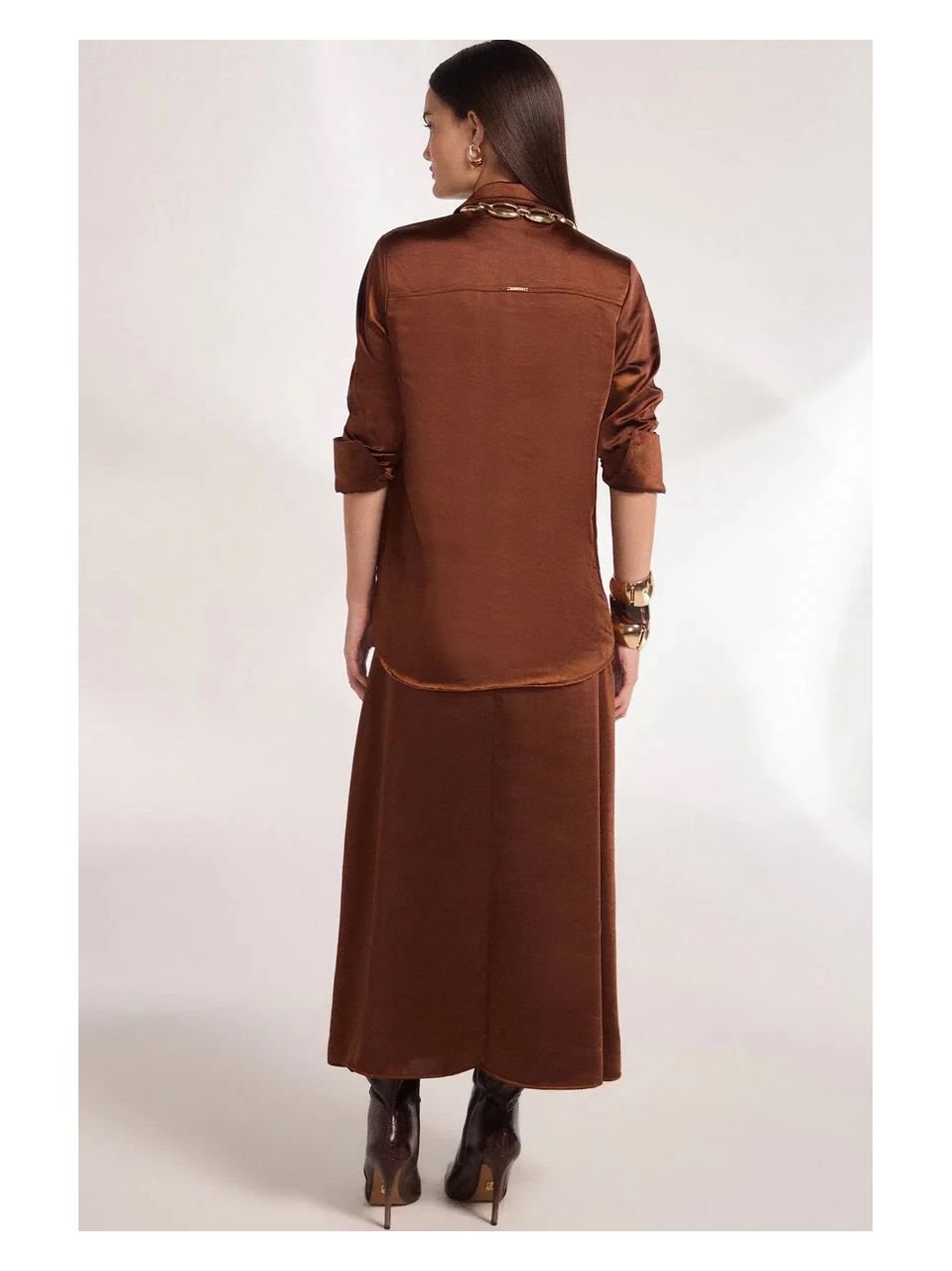 Saia Maxi Midi Em Tecido Acetinado Marrom